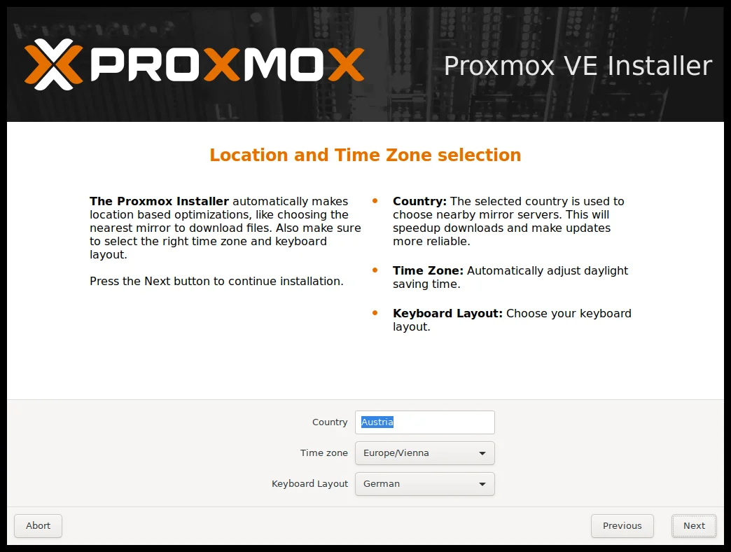 شاشة إعداد الموقع والمنطقة الزمنية في مثبّت Proxmox VE